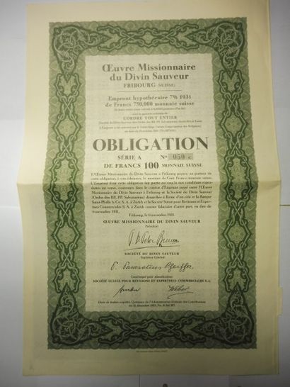 null ŒUVRE MISSIONNAIRE DU DIVIN SAUVEUR obligation N° 50 sur 7500 datée de 1931...