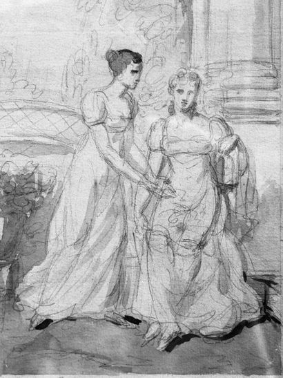 PUJOL ABEL DE (1785-1861) Madame Greniez et sa fille Mine de plomb et lavis, daté...