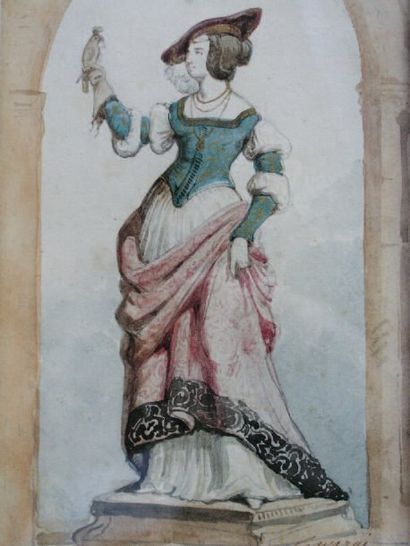 GAVARNI PAUL (1804-1866) Chatelaine au faucon. Aquarelle, signée en bas à droite....