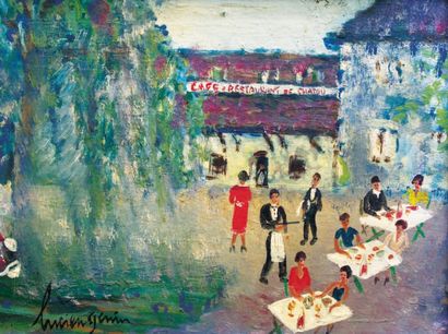 GENIN LUCIEN (1894-1958) Restaurant de Chatou. Huile sur isorel, signée en bas à...
