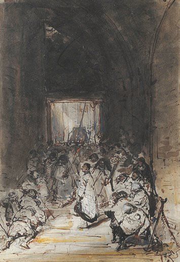 Eugène ISABEY (1803-1886) La sortie de l'Office Encre, lavis et aquarelle sur papier....