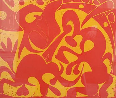 Pablo PICASSO (1881-1973) Pique rouge et jaune, 1959 Linogravure, signée en bas à...