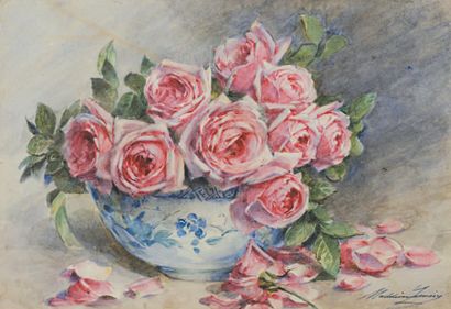 Madeleine LEMAIRE (1845-1928) Bouquet de roses Aquarelle. Signée en bas à droite....