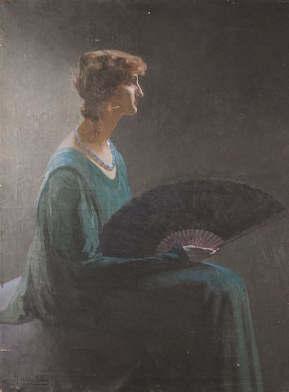 Mathilde ARBEY (1890-1966) Femme à l'éventail Huile sur toile. Signée en bas à gauche...