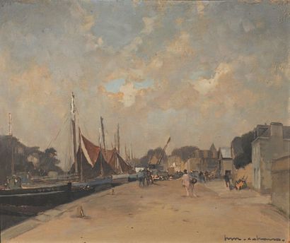 H. M. CAHOURS Les bateaux à quai Huile sur isorel. Signée en bas à droite. 46 x 55...
