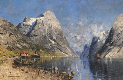 Adelsteen NORMANN (1848-1918) Fjord Huile sur toile. 32 x 50 cm