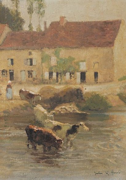 Jules HERVÉ (1887-1981) Vaches allant boire Sur sa toile d'origine. Signé en bas...