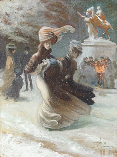 Albert MANTELET (1858-?) La neige à New-York Huile sur toile. Signée en bas à droite....