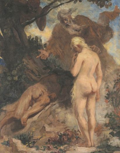 Ecole FRANÇAISE du milieu du XIXe siècle Adam et Eve chassés du Paradis Huile sur...