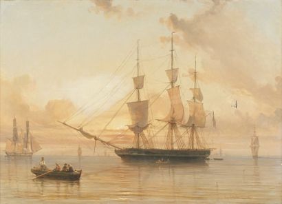 Eugène LE POITEVIN (1806-1870) Marine au soleil couchant Toile. Signée en bas à droite...