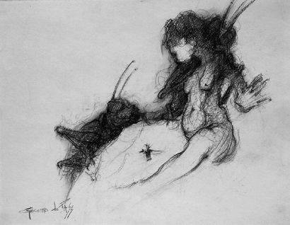 PASS GIACOMO DE (NÉ EN 1938) Femme nue et sauterelles. Fusain original signé. 30X25cm...