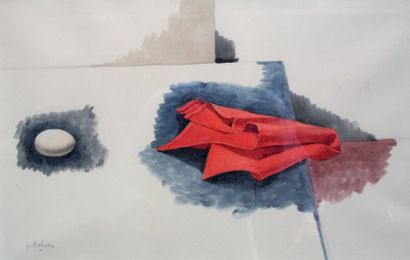 ROHNER GEORGES, né en 1913 L'oeuf et la serviette rouge. Aquarelle originale signée...