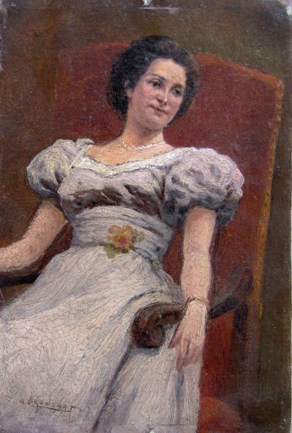 DRONSART ALEXANDRE (XIXe siècle) Femme dans un fauteuil. Huile sur carton contrecollé...