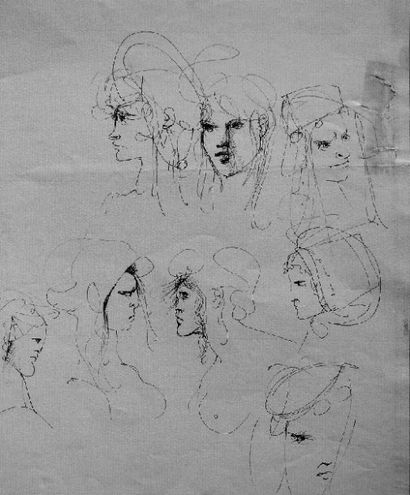 FINI LÉONOR (1908-1996) Huit visages de femmes. Dessin original à l'encre, signé....