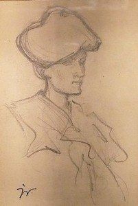 VILLON JACQUES Elégante au chapeau Dessin au crayon, cachet d'atelier en bas à g...