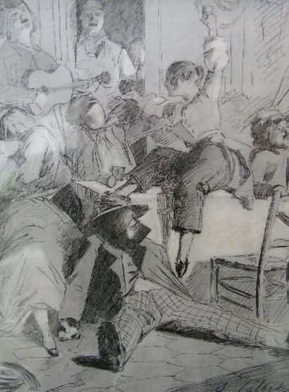 CALBET ANTOINE (1860-1944) Une soirée arrosée. Plume et gouache, signée en bas à...