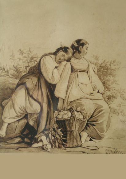 ROBERT Léopold (1794-1835) Deux jeunes italiennes assises. Lavis, signé en bas à...