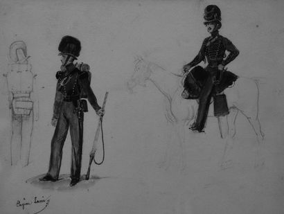 LAMI EUGÈNE (1800-1850) Etude de soldats. Aquarelle gouachée, signée en bas à gauche.17...
