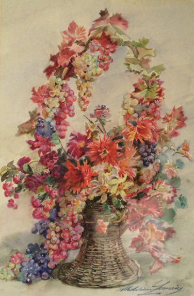 LEMAIRE MADELEINE (1845-1928) Dalhias et raisins. Aquarelle signée en bas à droite....