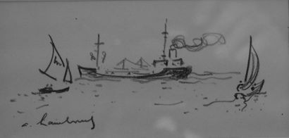 HAMBOURG ANDRÉ (1909-1999) Sur la lagune, 1961. Fusain, signé en bas à gauche et...