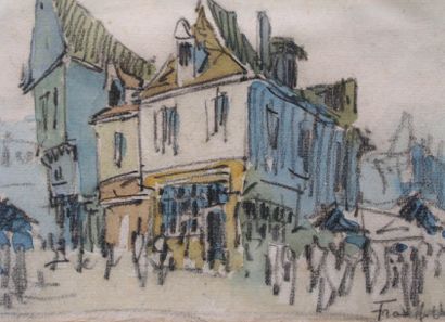 WILL FRANCK (1900-1950) Les vieilles maisons (Honfleur ?) Aquarelle, signée en bas...