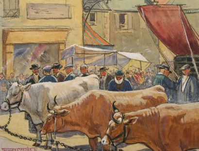 CARTIER JACQUES (1907-2001) Le marché aux taureaux, 1931. Aquarelle signée en bas...
