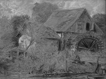 HUET PAUL (1803-1869) Le moulin. Pierre noire et craie, cachet en ba à droite. 31...
