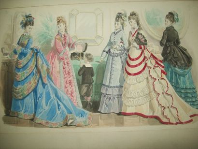  MAQUETTE gouachée pour une grande gravure de mode, vers 1870, présentant cinq élégantes...