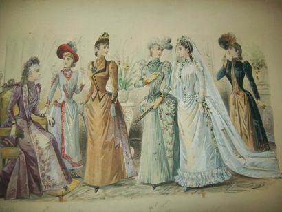  MAQUETTE gouachée pour une grande gravure de mode, vers 1890, présentant six élégantes...
