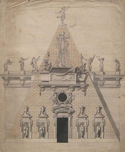 Ecole FLAMANDE du XVIIIe siècle Projet de tombeau Plume et encre noire, lavis gris....
