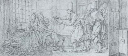 François BOUCHER (Paris 1703 - 1770). On apporte le lacet au prisonnier Crayon noir...