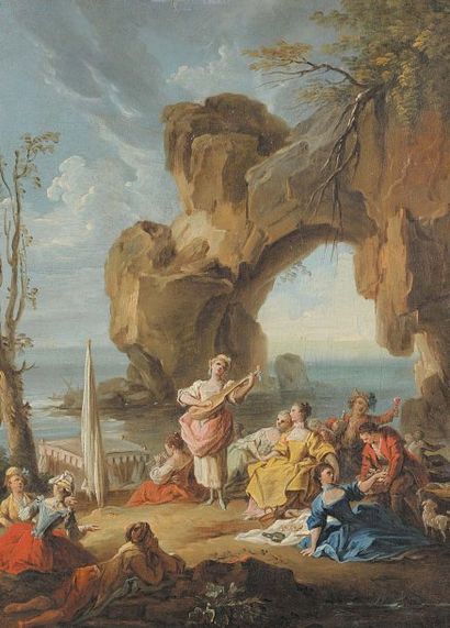 Ramon BAYEU y SUBIAS (1746 - 1793) Le concert au bord de la mer Toile marouflée sur...