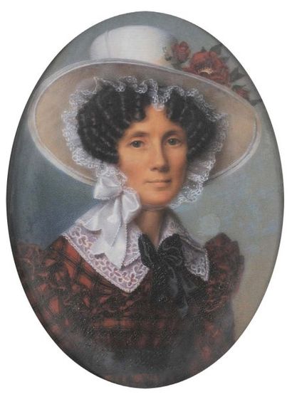 Attribué à Alexandre HESSE (1806 - 1879) Portrait de jeune femme au chapeau fleuri...