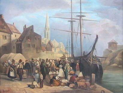 BURET, école FRANÇAISE du XIXe siècle Marché aux poissons dans un port de Normandie...