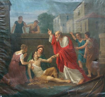 École du XIXe siècle Scène biblique Huile sur toile. 160x180cm (Accidents)