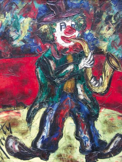 ANTY HENRY D' (1910-1998) Le clown musicien. Huile sur toile, signée en bas à gauche....