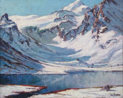 BUGNARD JEAN (1880-1947) Le lac de montagne. Huile sur panneau, signée en bas à droite....