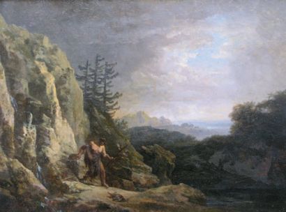 VALLIN ANTOINE (1760-1831) Promeneur dans la montagne. Huile sur panneau, signée...