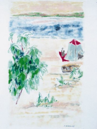 CAVAILLES JULES (1907-1977) La plage. Encre et gouache, signée en bas à droite. ...