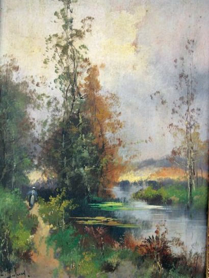 GALIEN LALOUE EUGÈNE ( 1854-1951) Promeneuse près de l'étang. Huile sur panneau,...