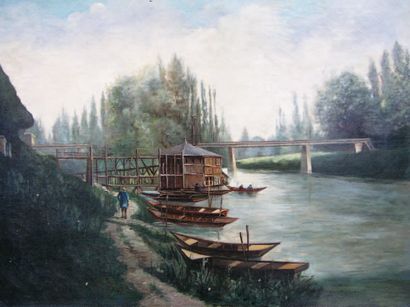 DANTON Barques à Nogent. Huile sur toile, signée en bas à droite. 54x73cm