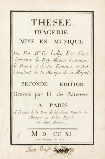 [MUSIQUE]. LULLY (Jean-Baptiste). Thesée. Tragedie mise en musique [...]. À Paris,...