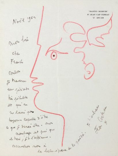 COCTEAU (Jean). Lettre autographe, signée à Francis COULON. " Santo Sospir ". Noël...