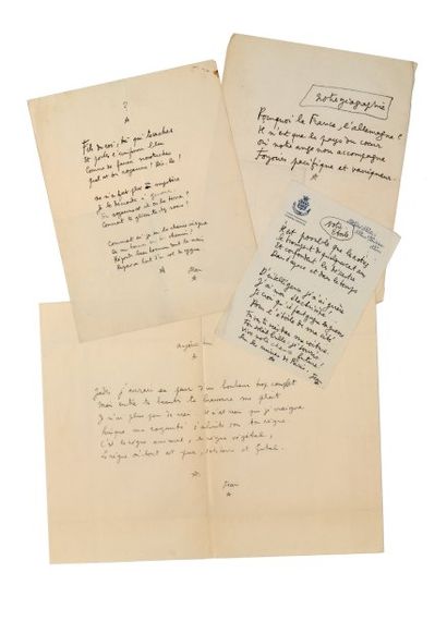 COCTEAU (Jean). " La Gguerre ". Poëme autographe, signé du prénom [1939] ; une page...