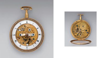 null - Montre squelette en or doré et gravé de rinceaux feuillagés, à décor de demi-perles...