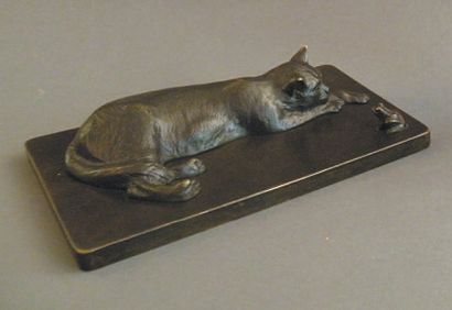 LEHMAN dit Jacques NAM (1881-1974) Chat couché et grenouille Bronze à patine noire...