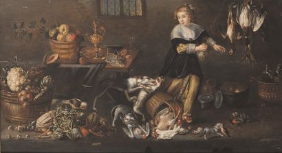 Ecole FLAMANDE du XVIIe siècle, suiveur de Frans SNYDERS Chiens et chats autour d'un...