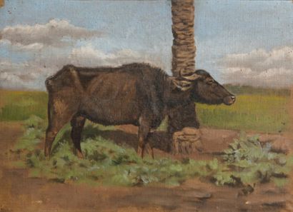 Jean-Richard GOUBIE (1840-1899) Buffle d'Afrique
Huile sur toile.
24 x 32 cm