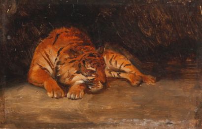 Jean-Richard GOUBIE (1840-1899) Tigre endormi
Petite huile sur panneau.
10 x 15,5...
