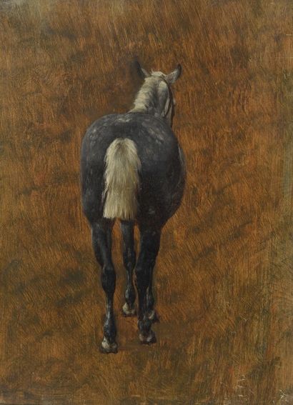 Jean-Richard GOUBIE (1840-1899) Cheval d'attelage gris pommelé, vu de la croupe
Huile...